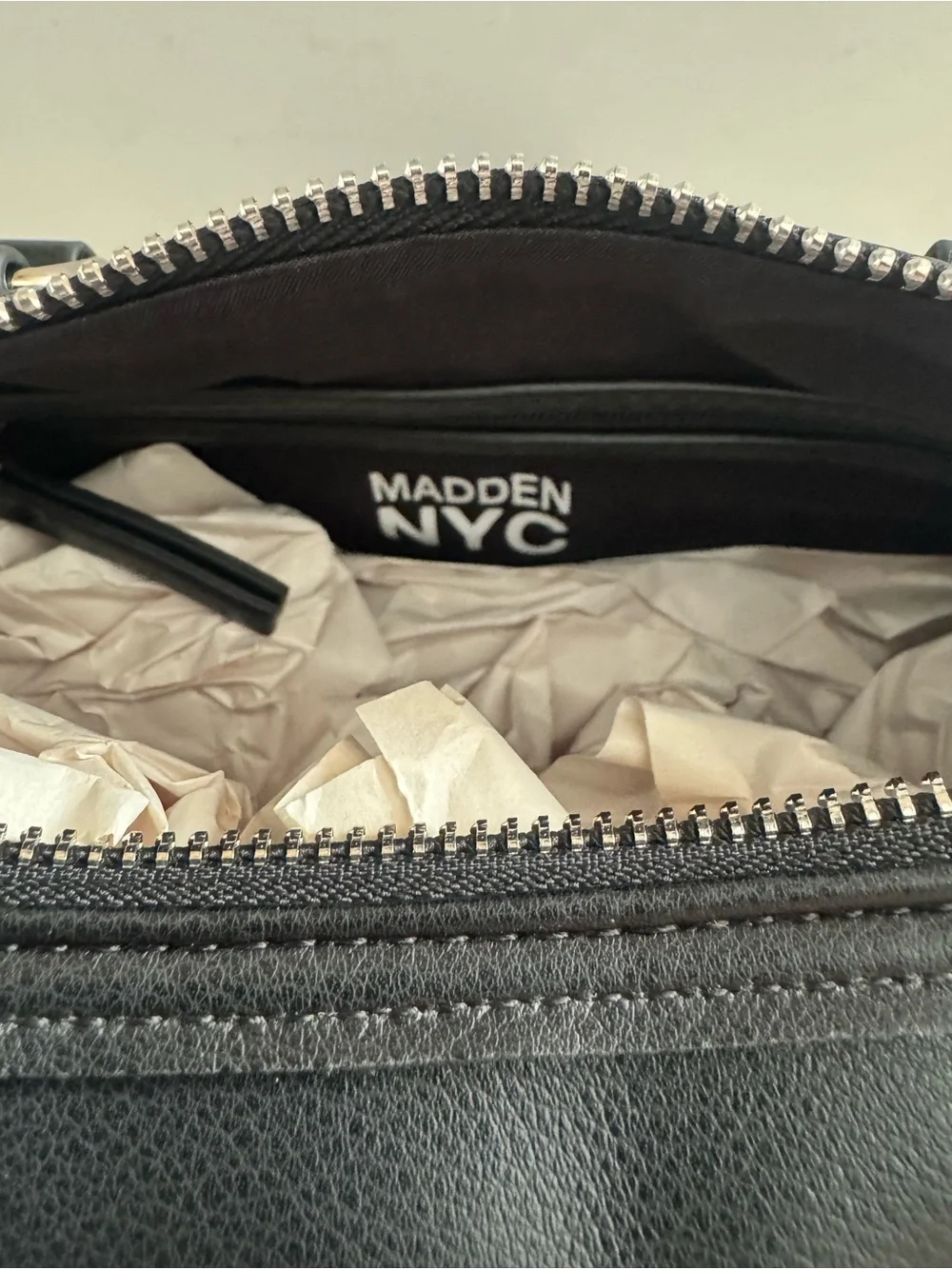 NWT- core barrel Madden NYC Black Satchel with Wide Logo Strap.